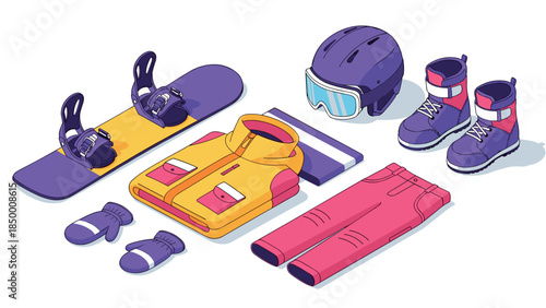 Isometric winter sports gear collection with snowboard and helmet in vibrant colors