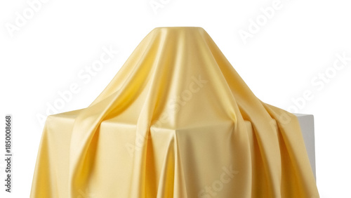 Fotografie Golden silk fabric covering a box isolated PNG, shiny satin cloth draped over ob