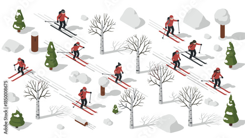 Isometric winter activity scene with cross-country skiers in snowy forest landscape
