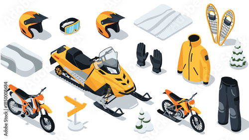 Winter sports equipment isometric set featuring snowmobile and motorcycle gear