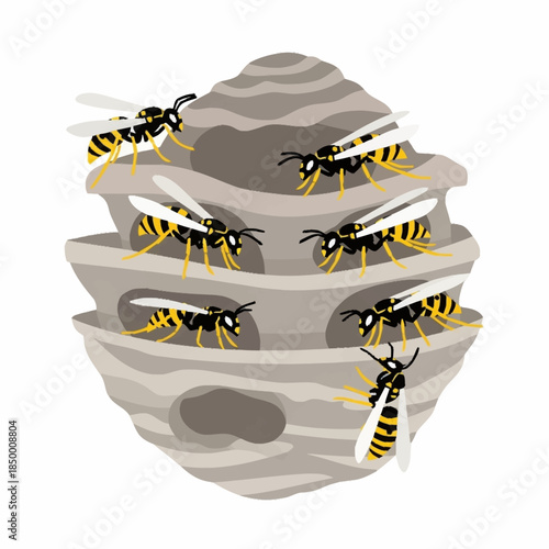Wasp nest with multiple wasps flying around and resting on its structure.