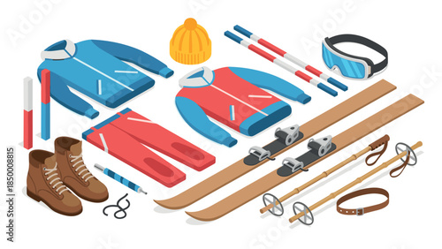 Winter sports gear isometric set with ski equipment, jackets, and accessories