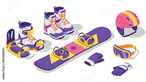 Colorful isometric snowboarding gear set with boots, helmet, and accessories