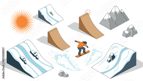 Isometric snowboarding adventure with ramps and mountains in winter wonderland