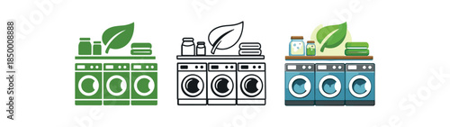 eco laundry eco laundromat row of machines leaf sticker and glass jar shelf