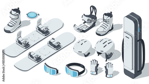 Isometric winter sports gear collection with snowboards and accessories