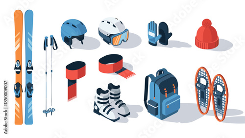 Winter sports equipment collection: skis, helmets, gloves, and more in modern isometric style