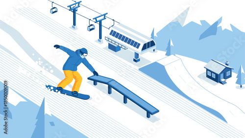 Winter sports adventure: snowboarding in blue flat style ski resort scene