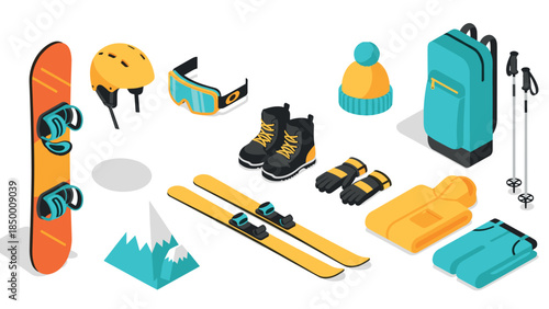 Complete set of vibrant winter sports gear equipment in modern isometric style