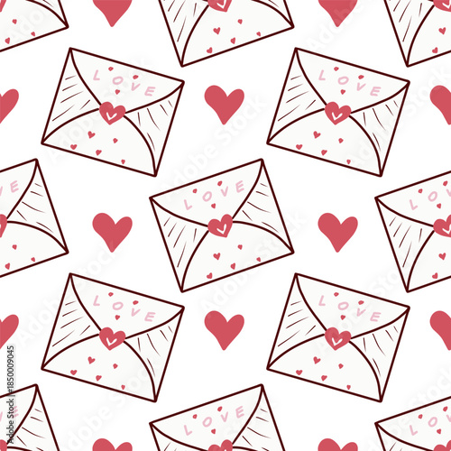 Cute hand drawn seamless pattern with envelopes and pink hearts. Valentines Day romantic vector background for greeting cards, wedding invitations and prints.