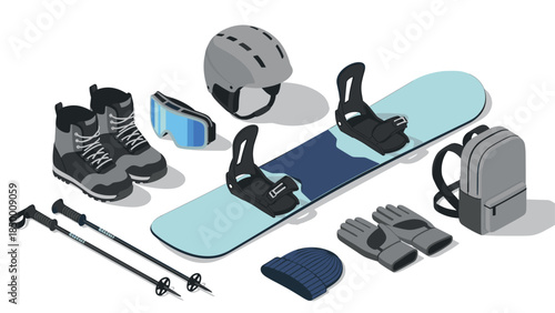 Iconic winter sports gear collection in isometric style for snowboard enthusiasts