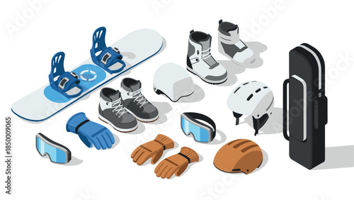 Winter sports essentials with snowboarding and skiing gear in isometric style