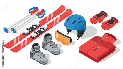 Essential winter sports gear in isometric style for skiing enthusiasts