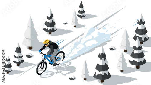 Isometric winter cyclist racing through snowy forest with speed and motion