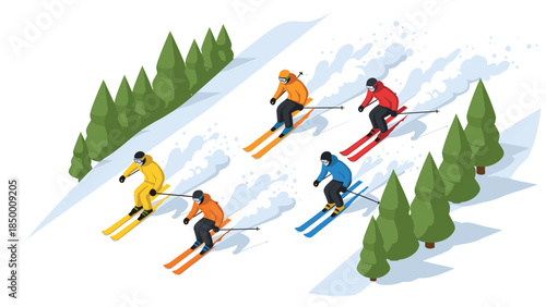 Isometric winter sports enthusiasts enjoying downhill skiing adventure in snowy landscape