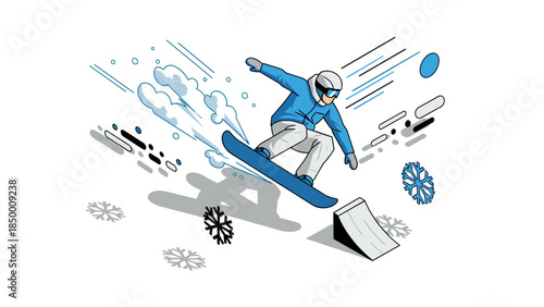 Dynamic snowboarding jump with abstract winter elements and blue accents