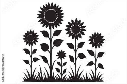 A black and white illustration depicting a cluster of sunflowers in bloom