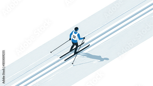Cross country skier in motion on snowy trail in isometric style