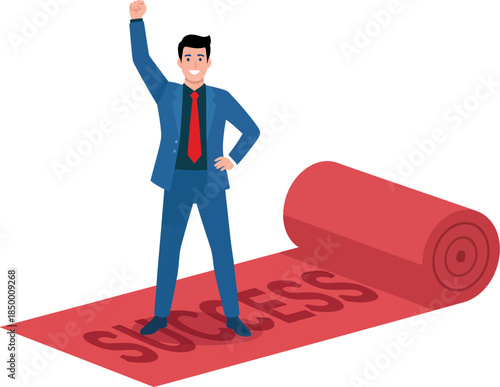 Business Success Path: An illustration of a determined individual standing triumphantly on a red carpet rolled out towards success. The image embodies the journey of ambition, perseverance.