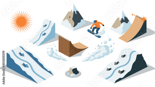 Isometric winter wonderland: snowboarding adventure with hazardous obstacles