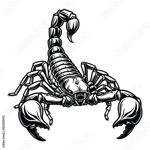 A black and white illustration of a scorpion with a menacing expression and raised tail