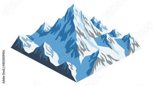 Majestic isometric mountain range with snowy peaks on white background