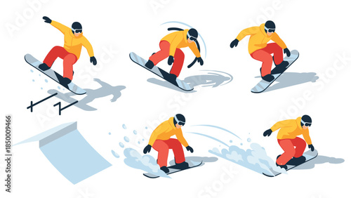 Isometric snowboarder performing tricks in action-packed winter sports set