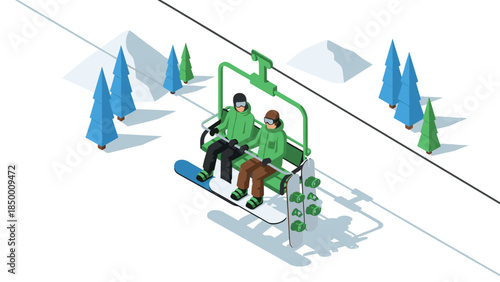 Isometric skiers on lift: winter adventure in snowy alpine landscape