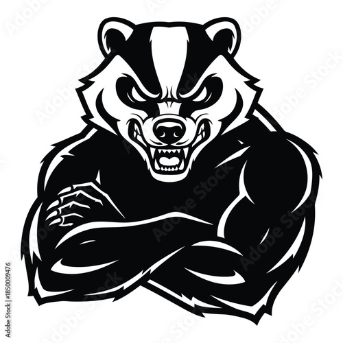 muscular cartoon badger with aggressive facial expression and crossed arms