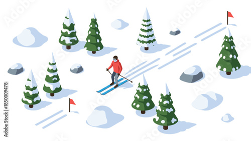 Isometric winter skiing scene with snowy trees and skier