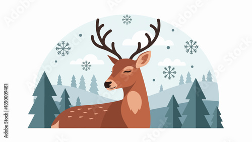 Majestic deer with large antlers in a snow-covered forest with coniferous trees and a light blue sky