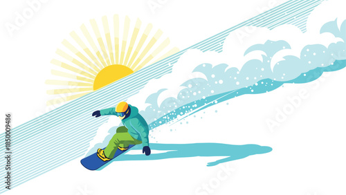 Dynamic snowboarding adventure with vibrant colors and energetic sunrise