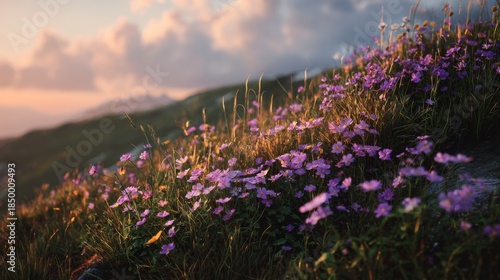 Fototapeta Naklejka Na Ścianę i Meble -  Beautiful purple wildflowers blooming on a mountain slope during golden hour sunset