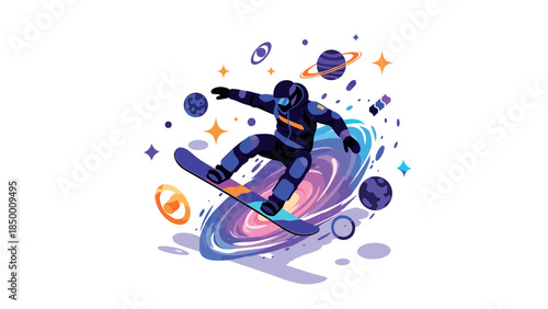 Galactic snowboarder journey through cosmic space with planets and nebula