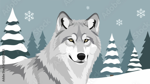Wolf standing in a snowy winter landscape with evergreen trees and a light blue sky