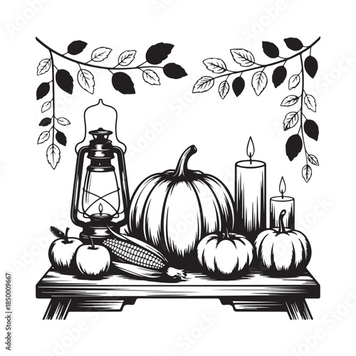 Autumnal still life featuring pumpkins lanterns and candles on a rustic surface