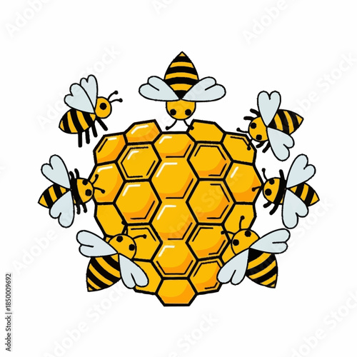 Cute cartoon bees surrounding a golden honeycomb illustration.
