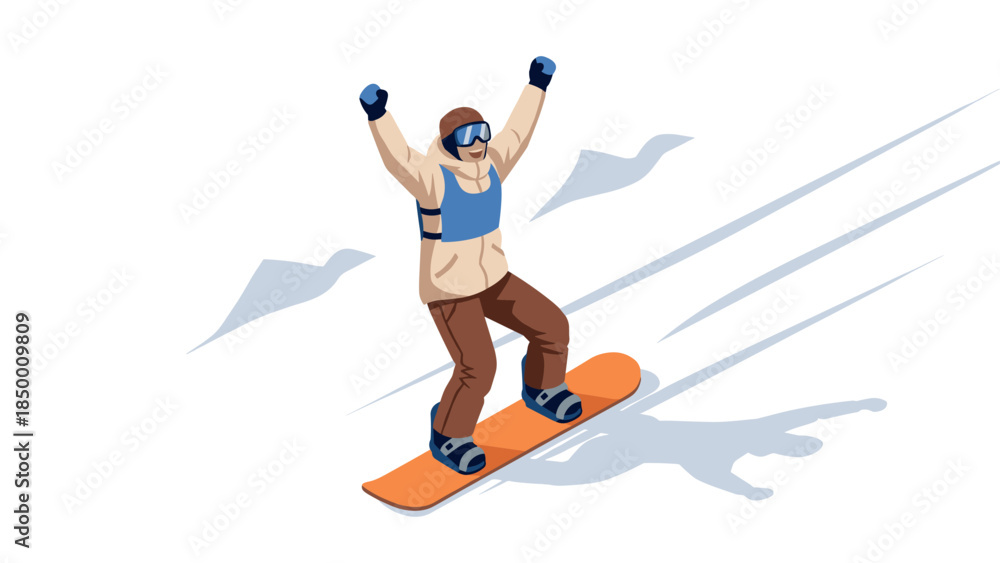 Obraz premium Isometric snowboarder joyfully descends mountain slope in winter gear