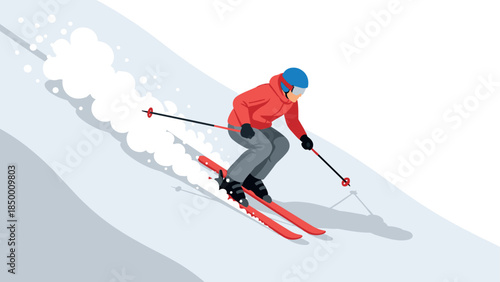 Adventurous skiing downhill in winter with dynamic action and snowy trails