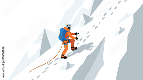 Isometric climber ascending snowy mountain with crampons and ice axe