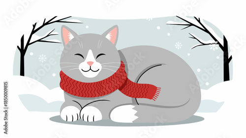 Relaxed gray cat with red scarf in snowy winter landscape