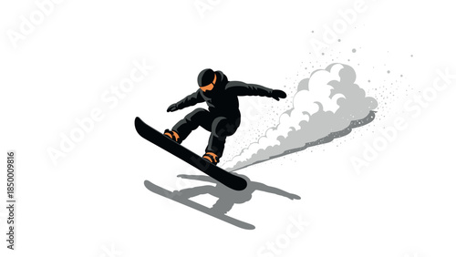 Dynamic snowboarder jumping in action with snow trail
