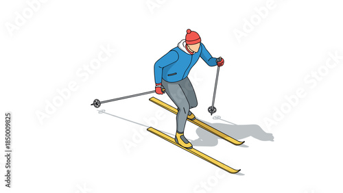 Isometric winter sports scene: skier in action on snowy slope