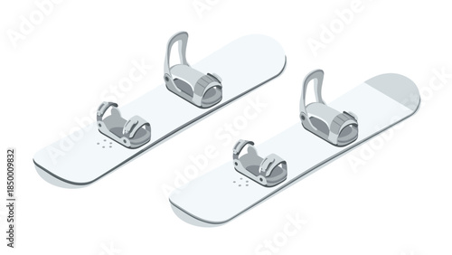Pair of isometric snowboards with bindings on white background