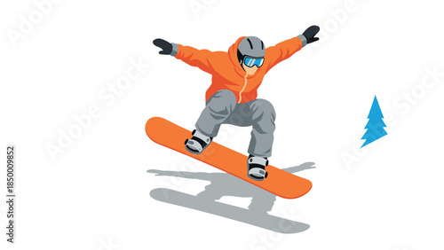Snowboarder jumping in orange jacket with blue accents on bright white background