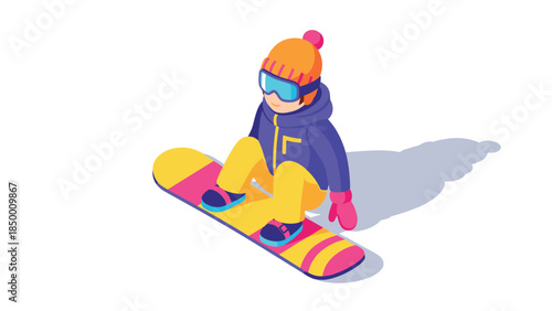 Colorful isometric snowboarder in winter gear on white background