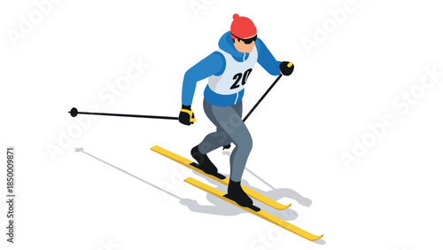 Isometric illustration of a cross country skier in motion wearing winter gear