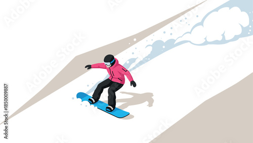Snowboarder gliding downhill in flat style on snowy slope