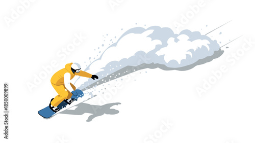 Snowboarder in yellow suit performing turn on powdery slope in winter sports scene