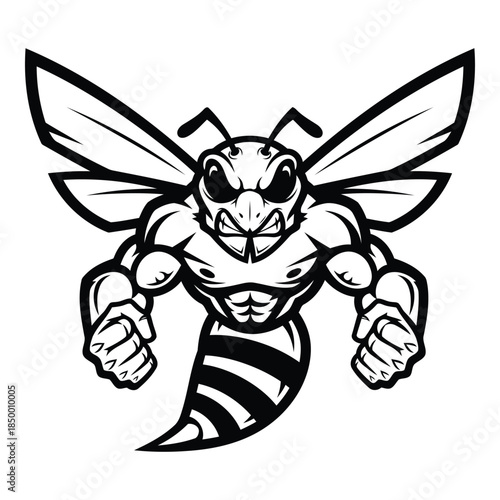 Muscular cartoon wasp with clenched fists flying forward aggressively strong
